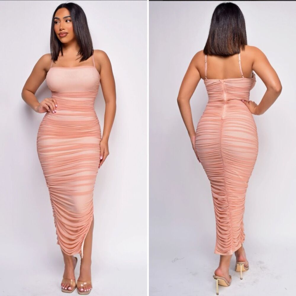 NWT Emprada Kana Blush Pink Ruched Mesh Slit Dress $110 XL